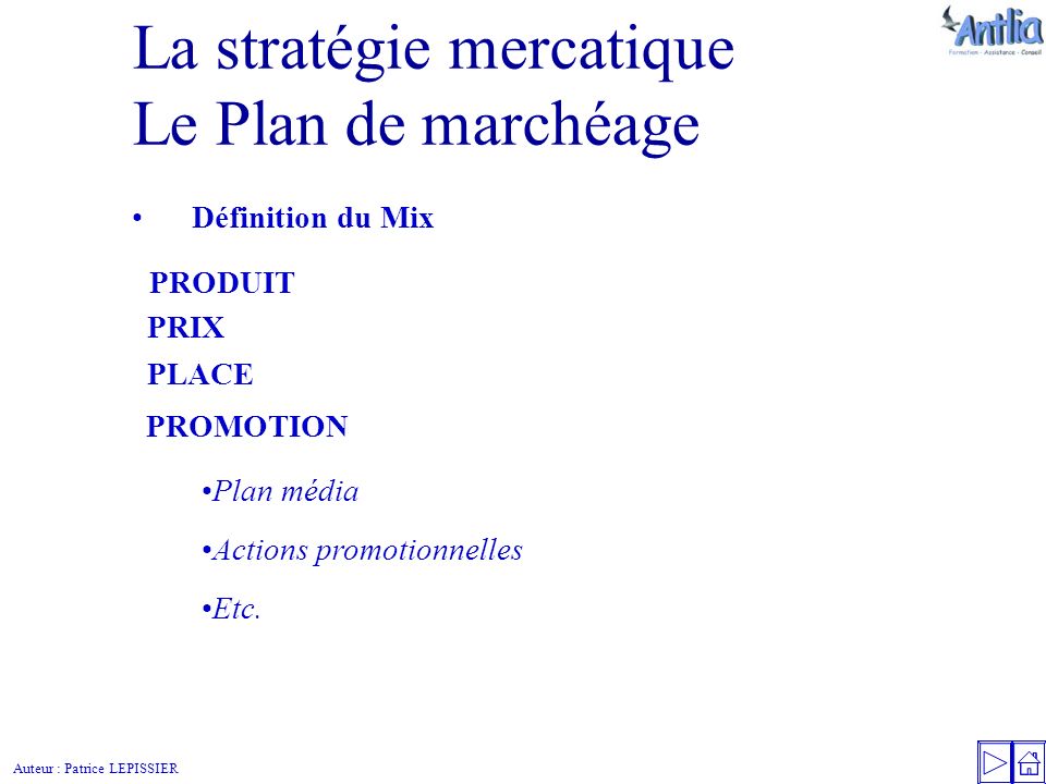 Auteur : Patrice LEPISSIER La stratégie mercatique Le Plan de marchéage Définition du Mix Plan média Actions promotionnelles Etc.
