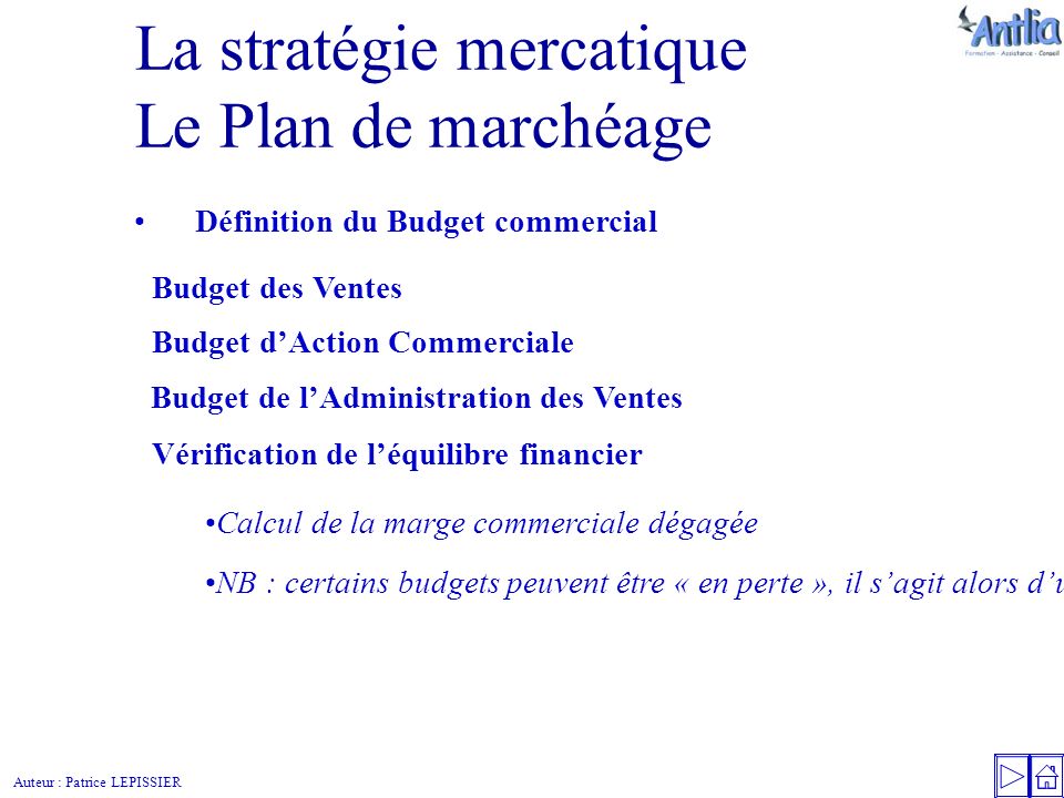 Auteur : Patrice LEPISSIER La stratégie mercatique Le Plan de marchéage Définition du Budget commercial Calcul de la marge commerciale dégagée NB : certains budgets peuvent être « en perte », il s’agit alors d’un investissement commercial.