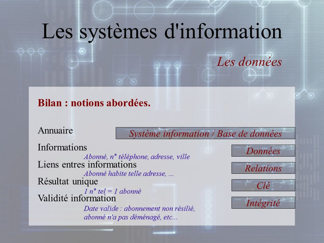Les systèmes d information Les données Bilan : notions abordées.