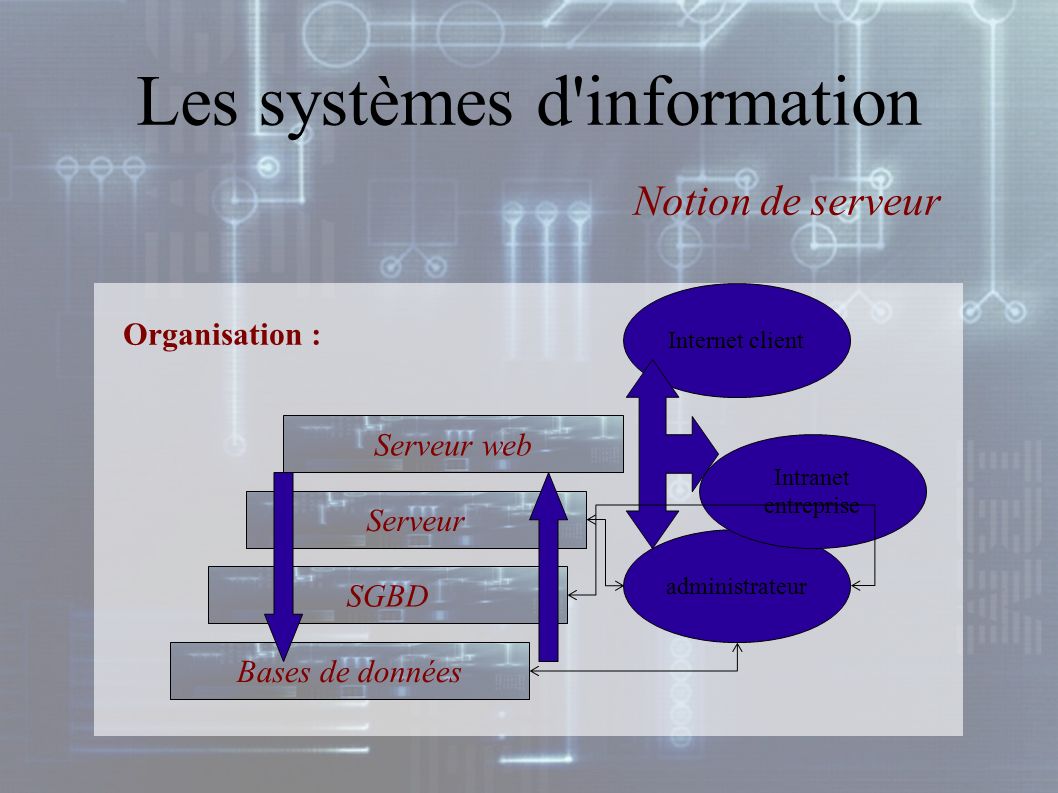 Les systèmes d information Organisation : Notion de serveur Bases de données SGBD Serveur administrateur Serveur web Intranet entreprise Internet client