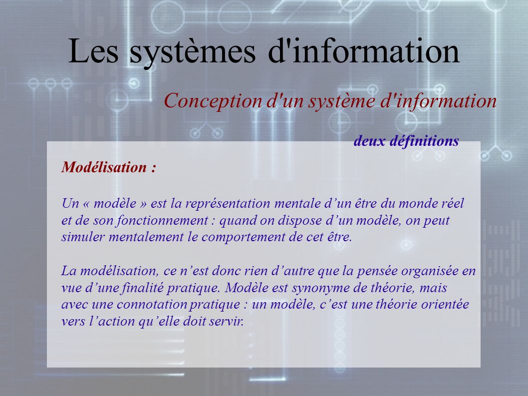 Les systèmes d information Modélisation : Un « modèle » est la représentation mentale d’un être du monde réel et de son fonctionnement : quand on dispose d’un modèle, on peut simuler mentalement le comportement de cet être.