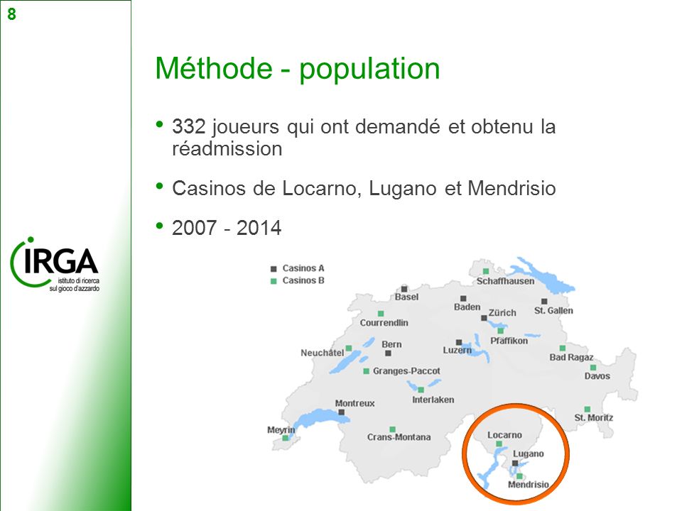 Méthode - population 332 joueurs qui ont demandé et obtenu la réadmission Casinos de Locarno, Lugano et Mendrisio