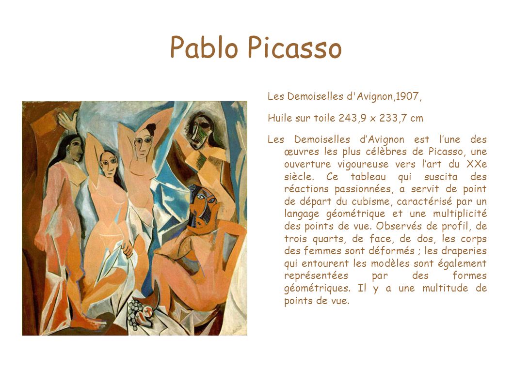 Pablo Picasso Les Demoiselles d Avignon,1907, Huile sur toile 243,9 x 233,7 cm Les Demoiselles d’Avignon est l’une des œuvres les plus célèbres de Picasso, une ouverture vigoureuse vers l’art du XXe siècle.