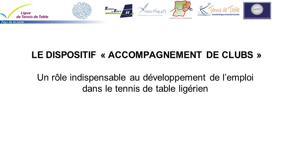LE DISPOSITIF « ACCOMPAGNEMENT DE CLUBS » Un rôle indispensable au développement de l’emploi dans le tennis de table ligérien
