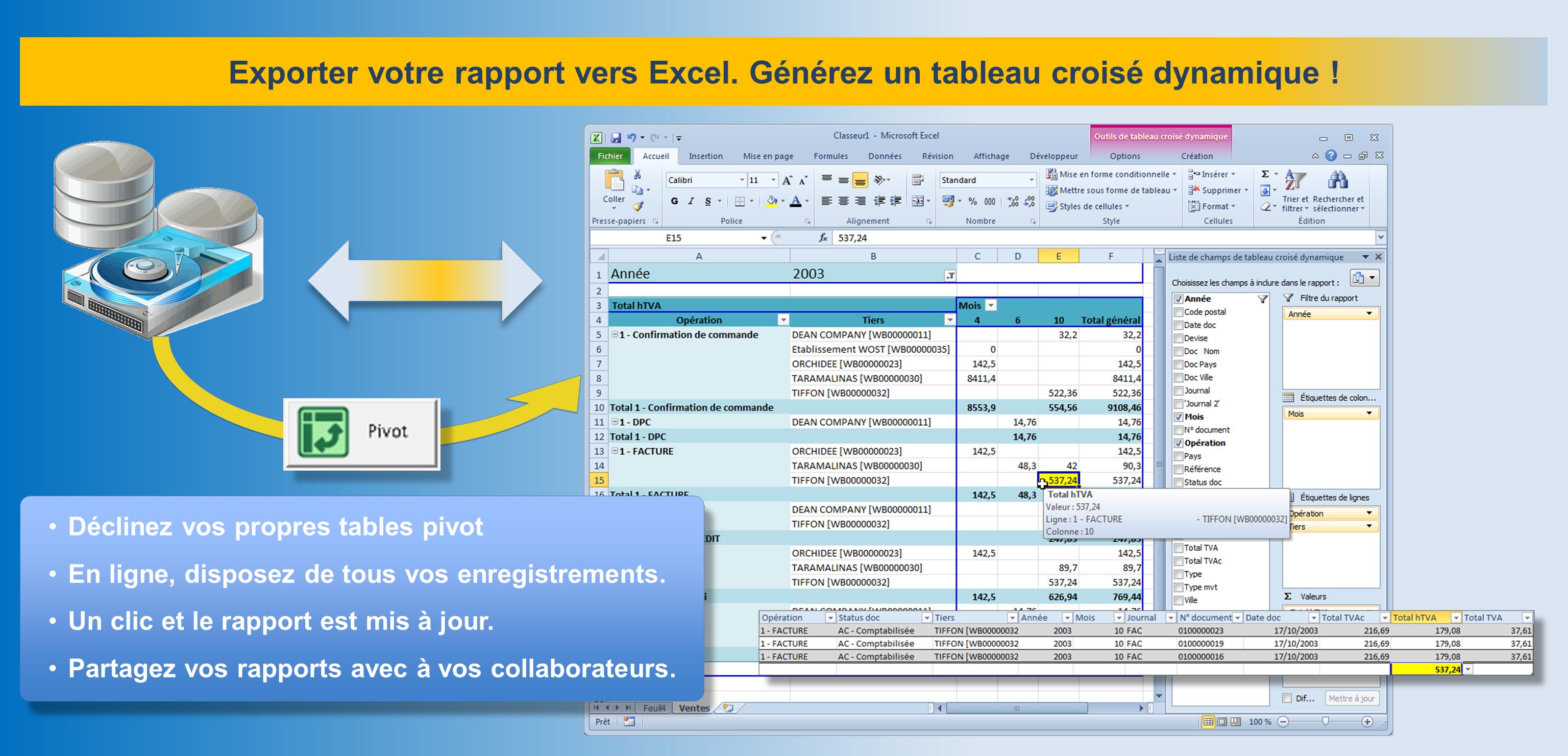 Exporter votre rapport vers Excel. Générez un tableau croisé dynamique .
