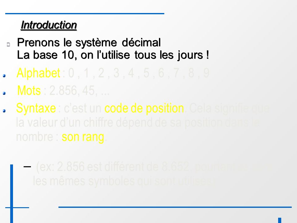 6 IntroductionIntroduction Prenons le système décimal La base 10, on l’utilise tous les jours .