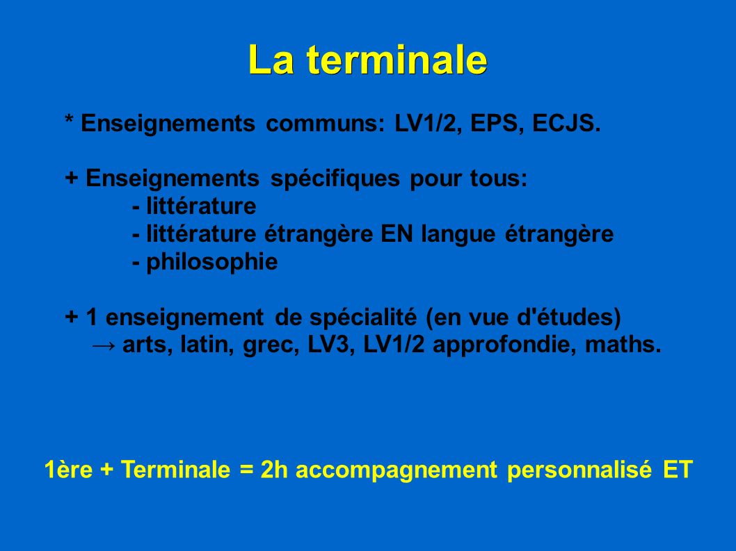 La terminale * Enseignements communs: LV1/2, EPS, ECJS.