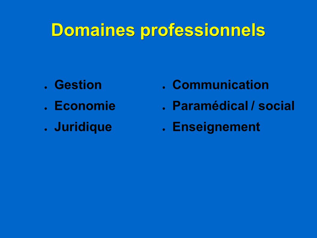 Domaines professionnels ● Gestion ● Economie ● Juridique ● Communication ● Paramédical / social ● Enseignement