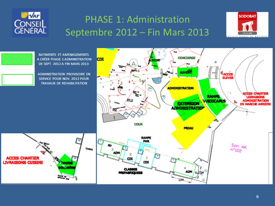 PHASE 1: Administration Septembre 2012 – Fin Mars BATIMENTS ET AMENAGEMENTS A CRÉER PHASE 1 ADMINISTRATION DE SEPT.