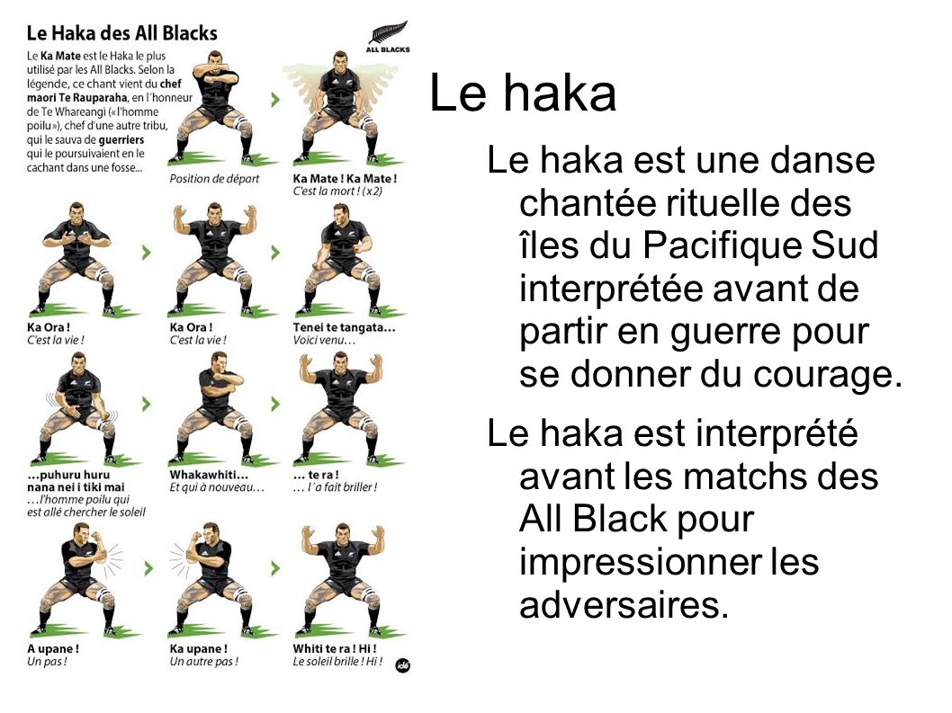 Le haka Le haka est une danse chantée rituelle des îles du Pacifique Sud interprétée avant de partir en guerre pour se donner du courage.