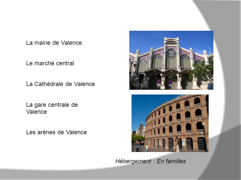 5 Jeudi 26 Avril : Valence La mairie de Valence Le marché central La Cathédrale de Valence La gare centrale de Valence Les arènes de Valence Hébergement : En familles
