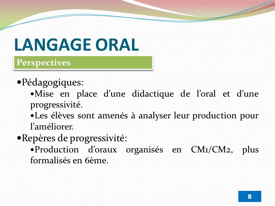 LANGAGE ORAL Pédagogiques: Mise en place d’une didactique de l’oral et d’une progressivité.