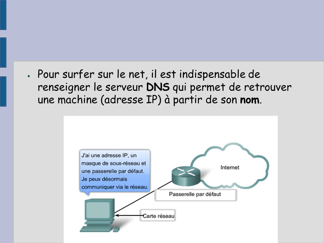 ● Pour surfer sur le net, il est indispensable de renseigner le serveur DNS qui permet de retrouver une machine (adresse IP) à partir de son nom.
