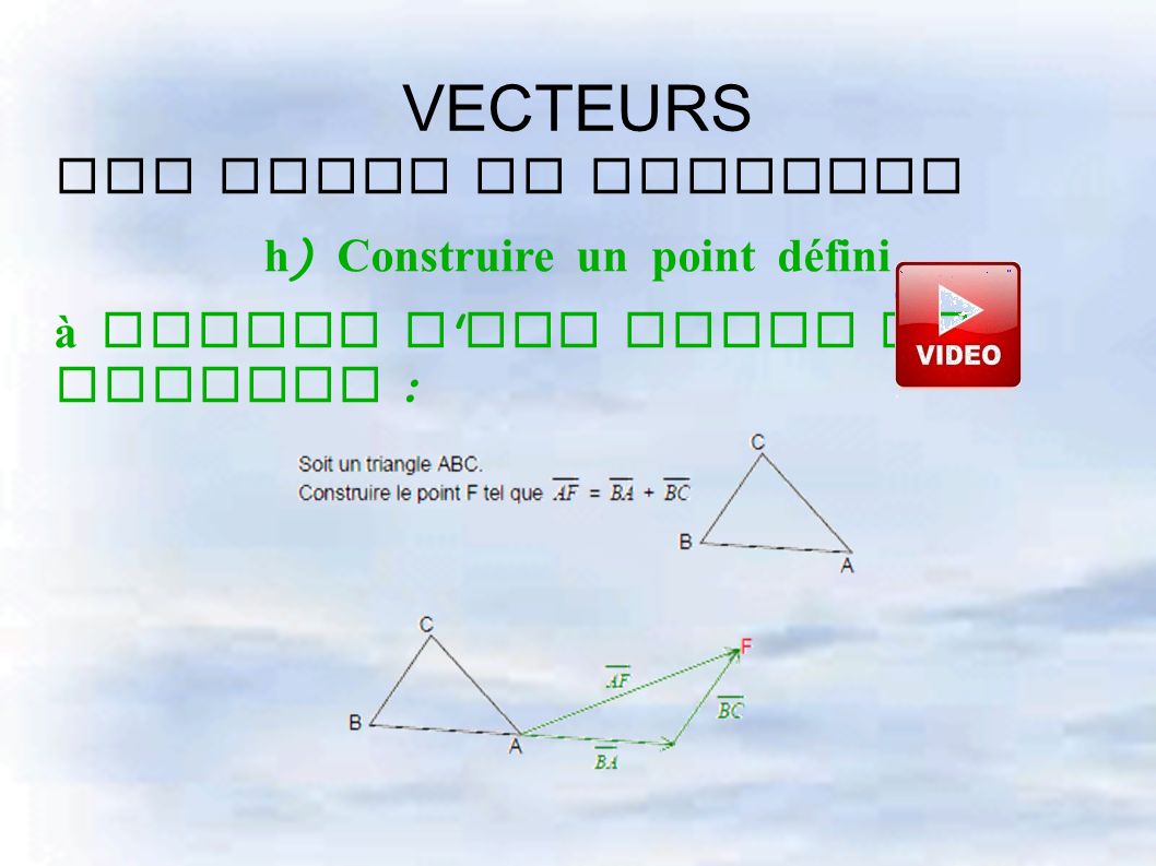 VECTEURS III Somme de vecteurs h ) Construire un point défini à partir d une somme de vecteur :