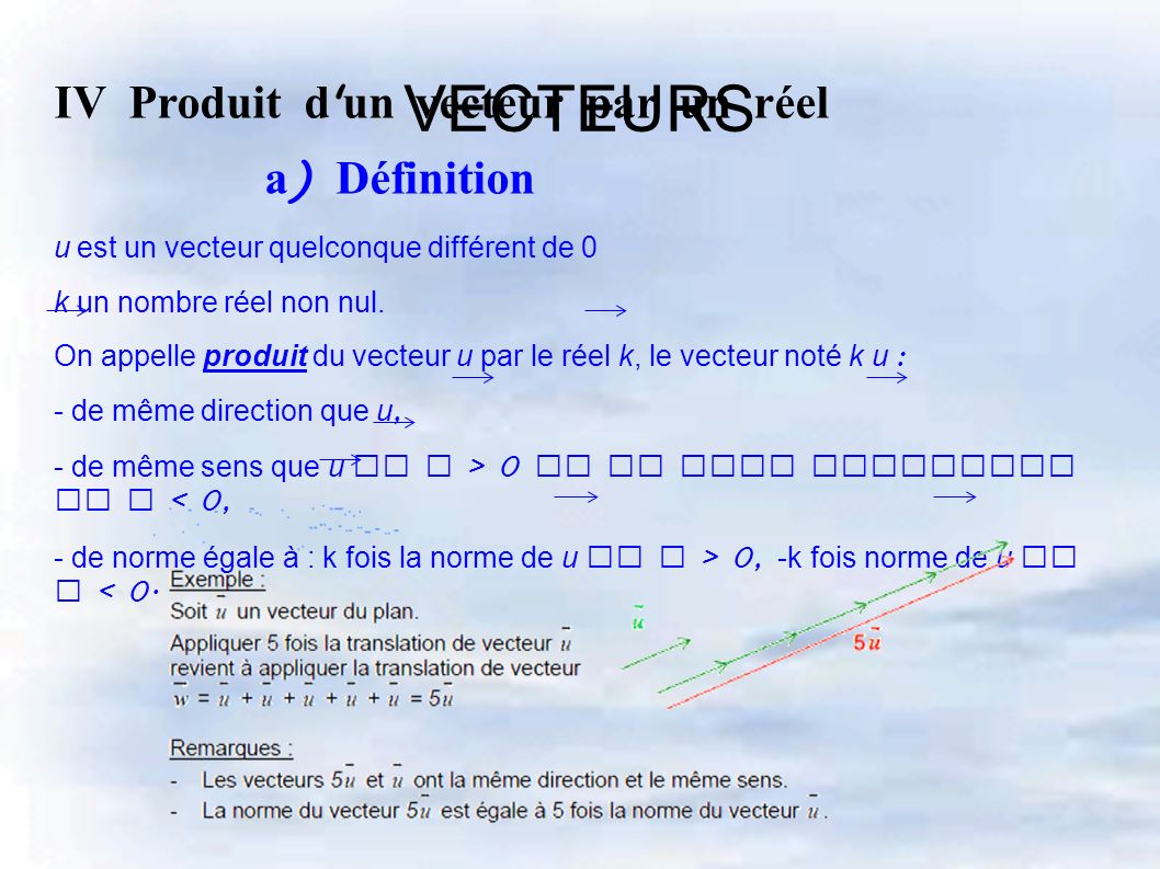 VECTEURS IV Produit d un vecteur par un réel a ) Définition u est un vecteur quelconque différent de 0 k un nombre réel non nul.