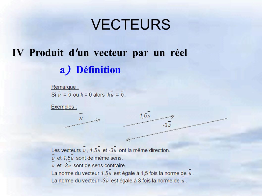VECTEURS IV Produit d un vecteur par un réel a ) Définition