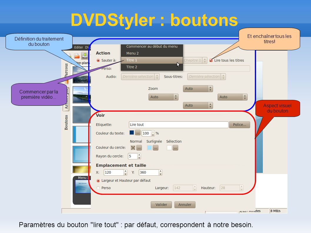 DVDStyler : boutons Paramètres du bouton lire tout : par défaut, correspondent à notre besoin.