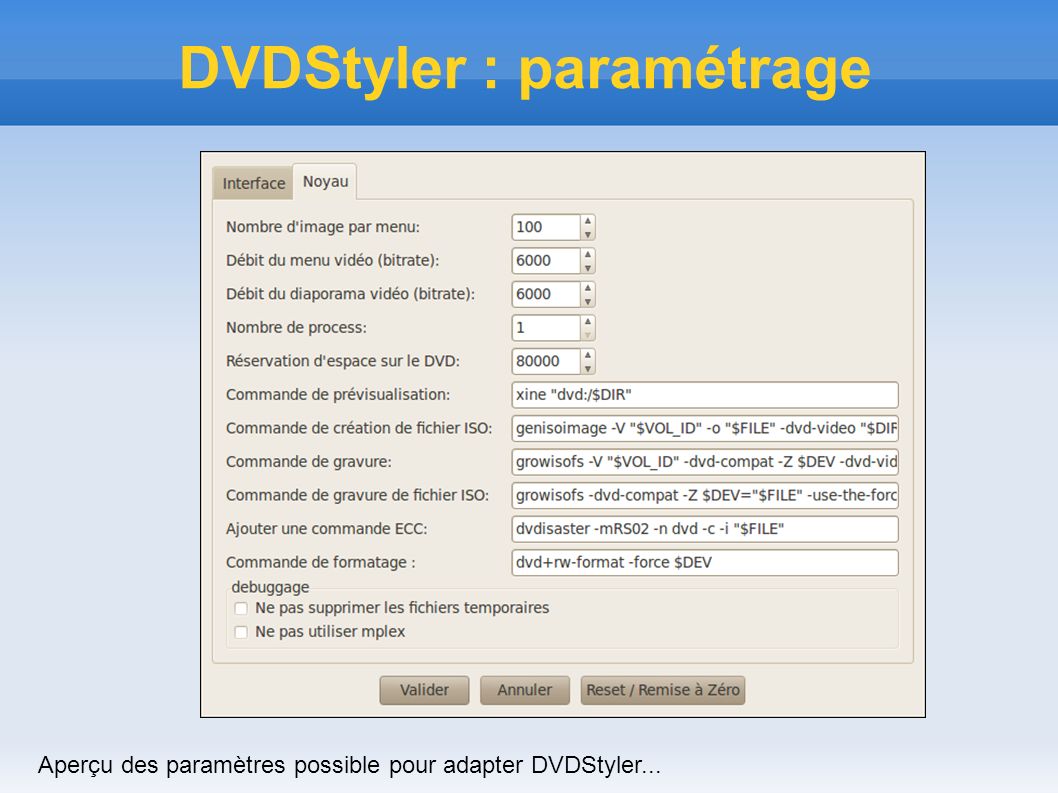 DVDStyler : paramétrage Aperçu des paramètres possible pour adapter DVDStyler...