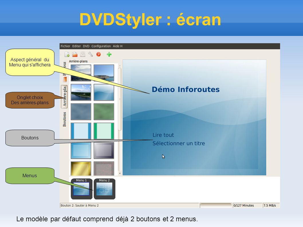 DVDStyler : écran Le modèle par défaut comprend déjà 2 boutons et 2 menus.