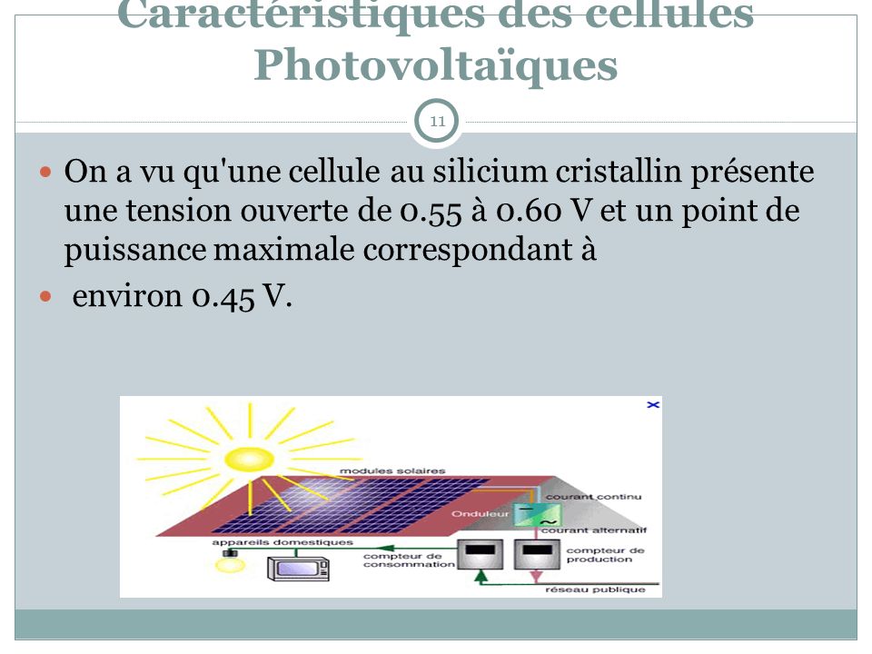 Caractéristiques des cellules Photovoltaïques On a vu qu une cellule au silicium cristallin présente une tension ouverte de 0.55 à 0.60 V et un point de puissance maximale correspondant à environ 0.45 V.