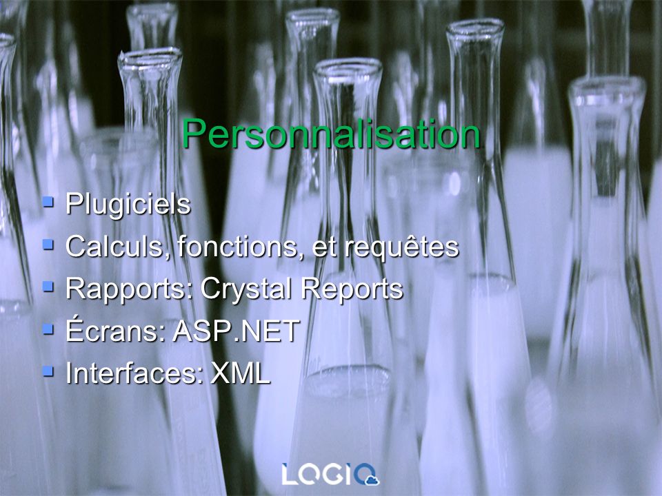 Personnalisation  Plugiciels  Calculs, fonctions, et requêtes  Rapports: Crystal Reports  Écrans: ASP.NET  Interfaces: XML