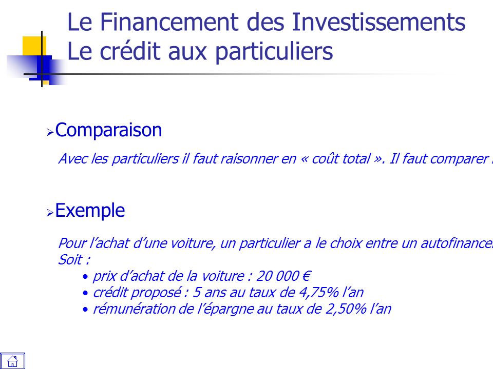 Le Financement des Investissements Le crédit aux particuliers  Comparaison Avec les particuliers il faut raisonner en « coût total ».