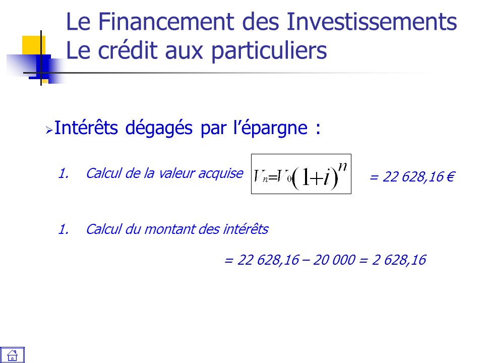 Le Financement des Investissements Le crédit aux particuliers  Intérêts dégagés par l’épargne : 1.