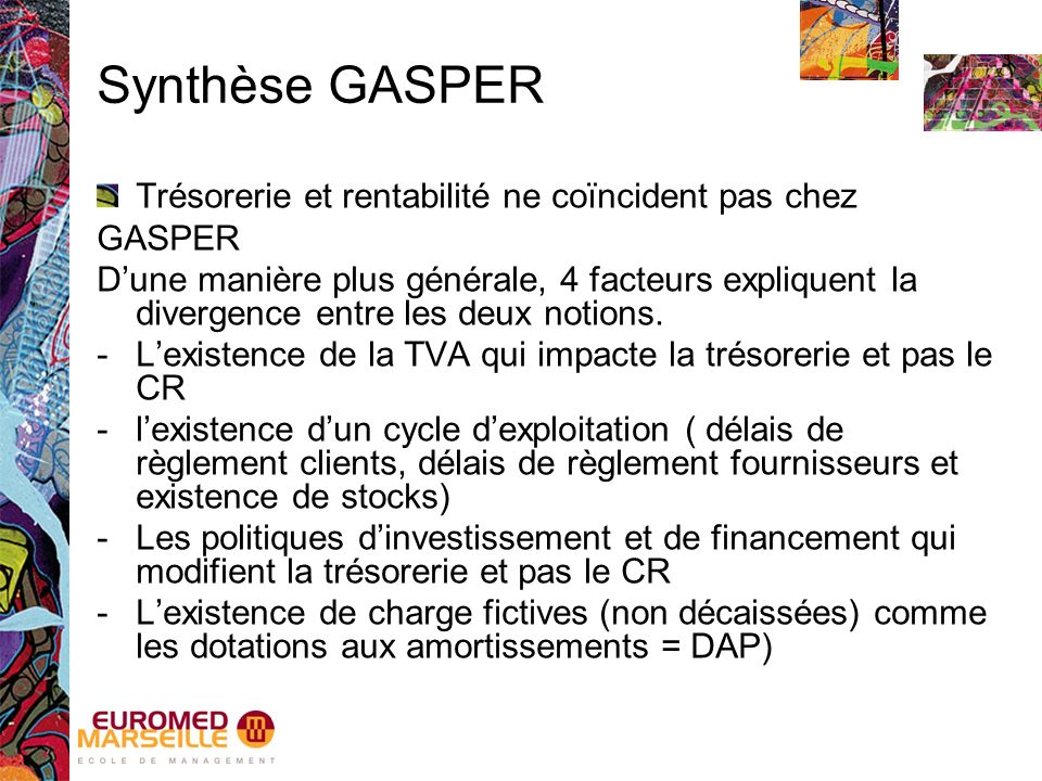 Synthèse GASPER Trésorerie et rentabilité ne coïncident pas chez GASPER D’une manière plus générale, 4 facteurs expliquent la divergence entre les deux notions.