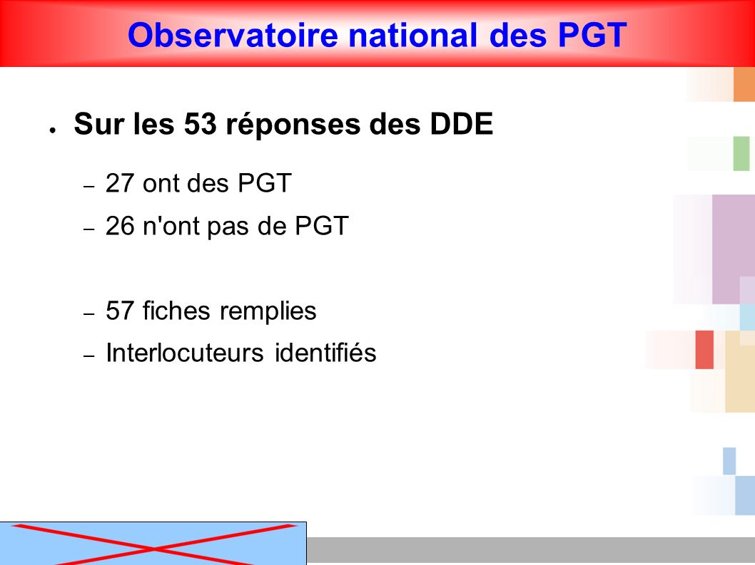Observatoire national des PGT ● Sur les 53 réponses des DDE – 27 ont des PGT – 26 n ont pas de PGT – 57 fiches remplies – Interlocuteurs identifiés