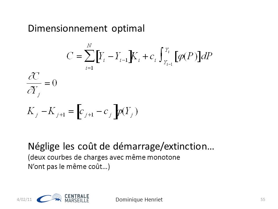 4/02/11 Dominique Henriet 55 Dimensionnement optimal Néglige les coût de démarrage/extinction… (deux courbes de charges avec même monotone N’ont pas le même coût…)