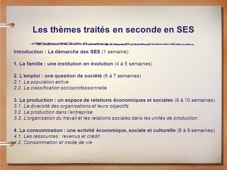Les thèmes traités en seconde en SES Introduction : La démarche des SES (1 semaine) 1.