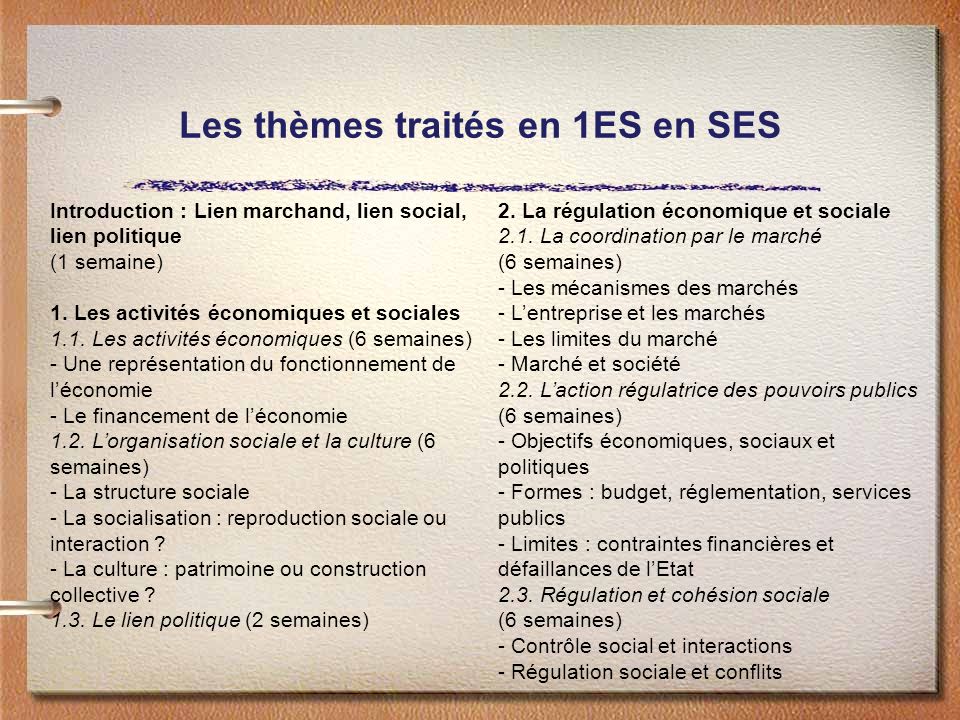 Les thèmes traités en 1ES en SES Introduction : Lien marchand, lien social, lien politique (1 semaine) 1.