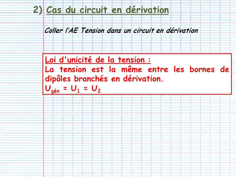 2)Cas du circuit en dérivation Loi d unicité de la tension : La tension est la même entre les bornes de dipôles branchés en dérivation.