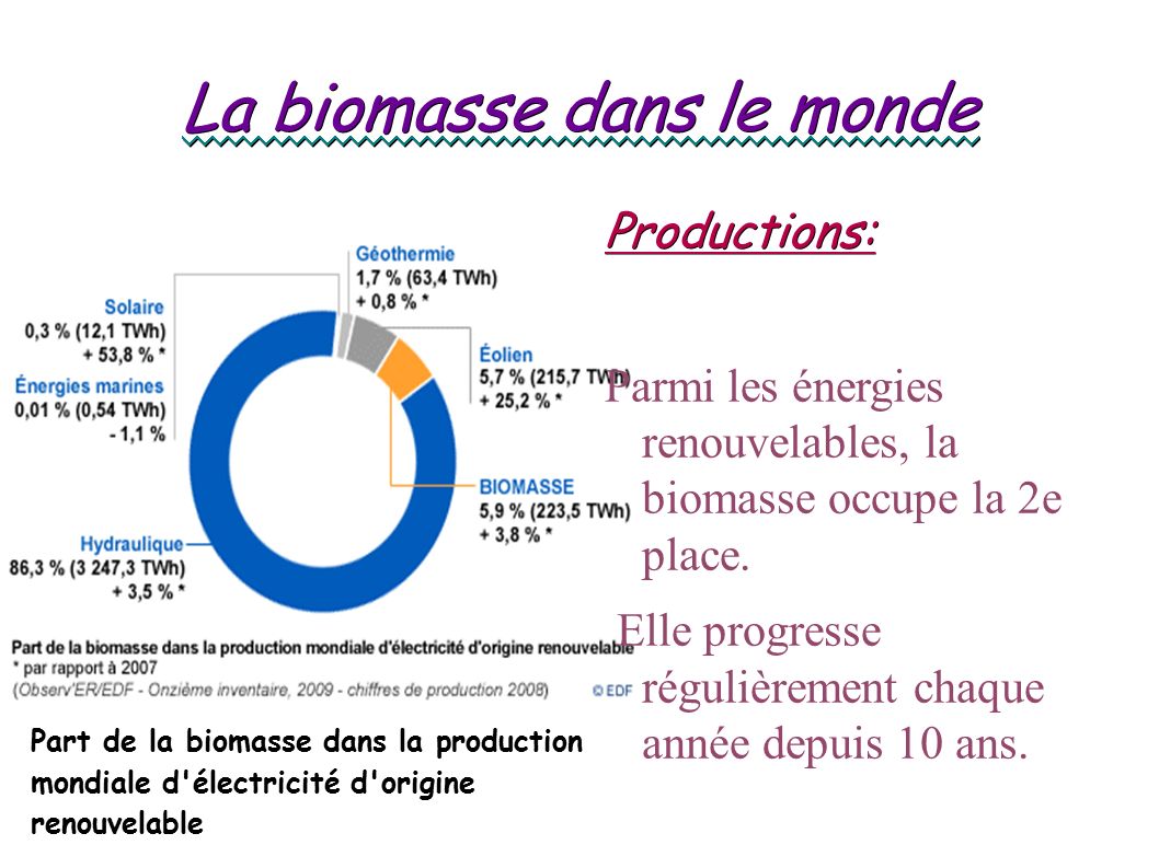 La biomasse dans le monde Productions: Parmi les énergies renouvelables, la biomasse occupe la 2e place.