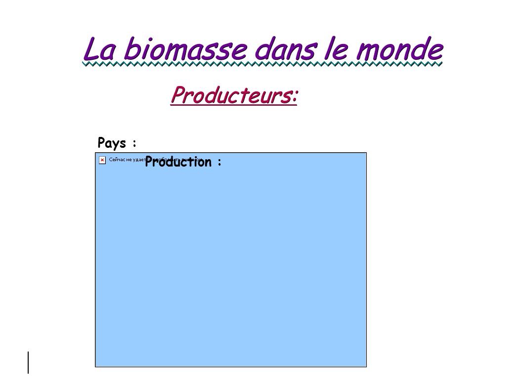 La biomasse dans le monde Producteurs: Pays : Production :