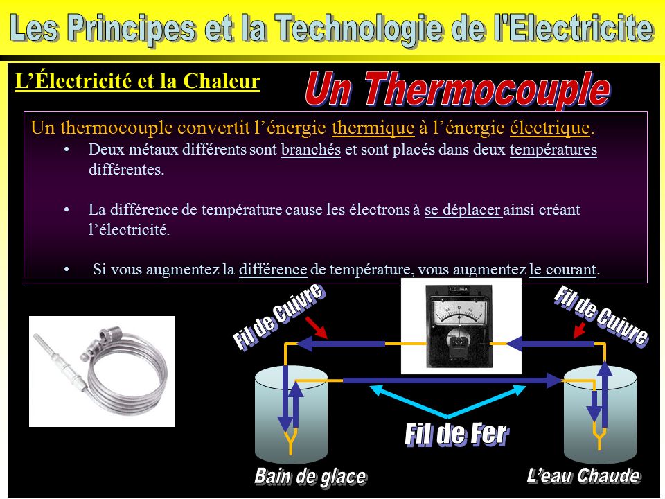 L’Électricité et la Chaleur Un thermocouple convertit l’énergie thermique à l’énergie électrique.