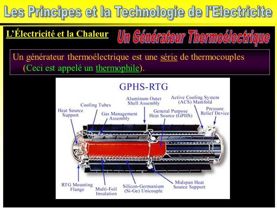 L’Électricité et la Chaleur Un générateur thermoélectrique est une série de thermocouples (Ceci est appelé un thermophile).