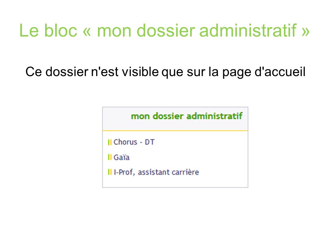 Le bloc « mon dossier administratif » Ce dossier n est visible que sur la page d accueil