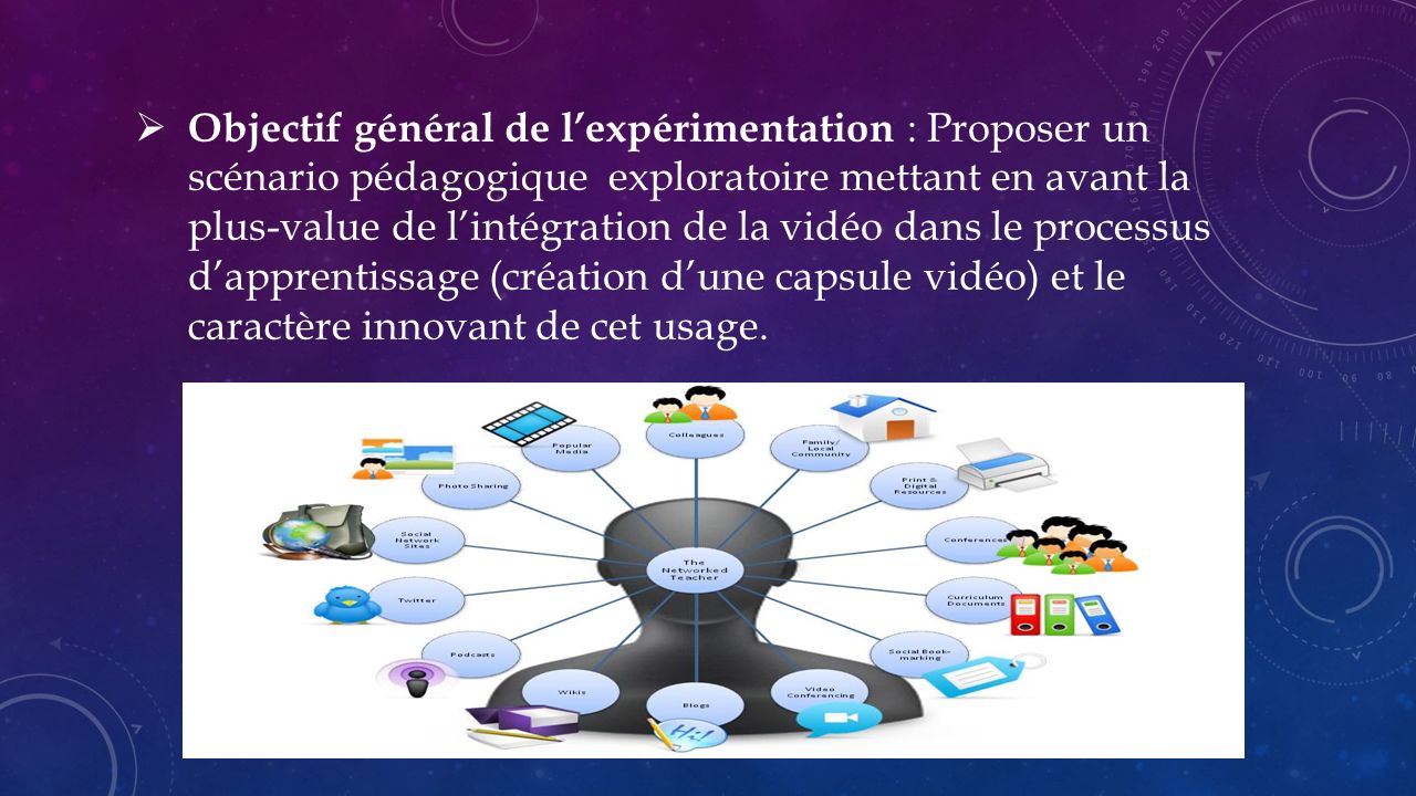 2  Objectif général de l’expérimentation : Proposer un scénario pédagogique exploratoire mettant en avant la plus-value de l’intégration de la vidéo dans le processus d’apprentissage (création d’une capsule vidéo) et le caractère innovant de cet usage.