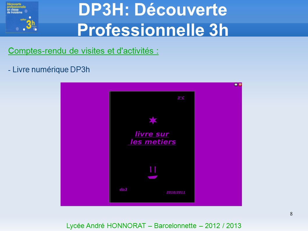 8 DP3H: Découverte Professionnelle 3h Lycée André HONNORAT – Barcelonnette – 2012 / 2013 Comptes-rendu de visites et d activités : - Livre numérique DP3h