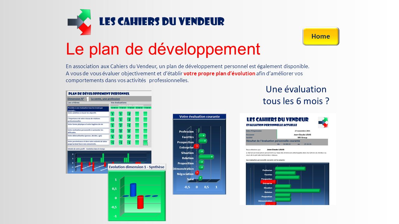 Le plan de développement En association aux Cahiers du Vendeur, un plan de développement personnel est également disponible.