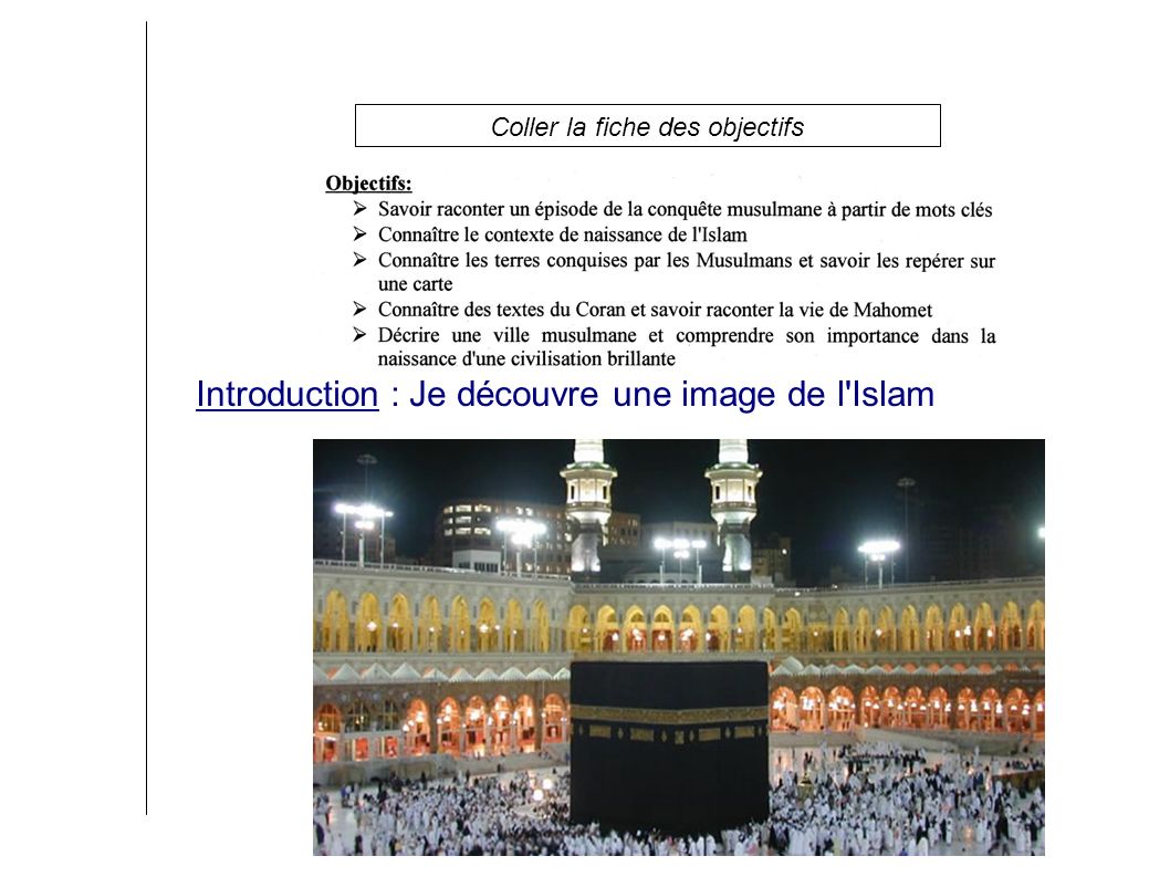 H1 Les débuts de l Islam Introduction : Je découvre une image de l Islam Coller la fiche des objectifs