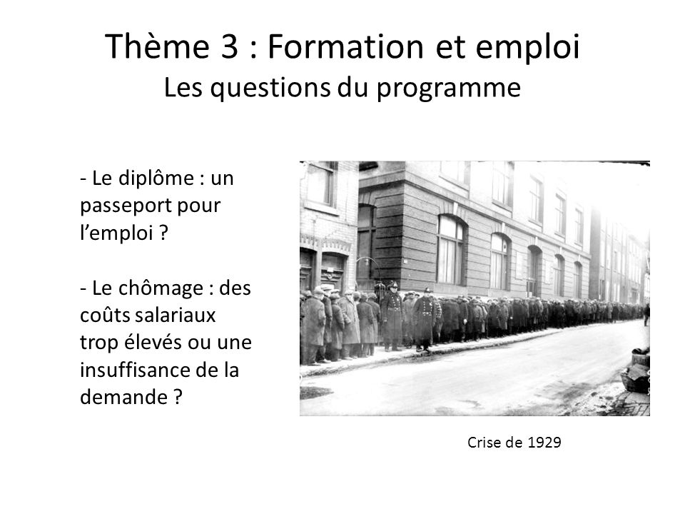 Thème 3 : Formation et emploi Les questions du programme - Le diplôme : un passeport pour l’emploi .