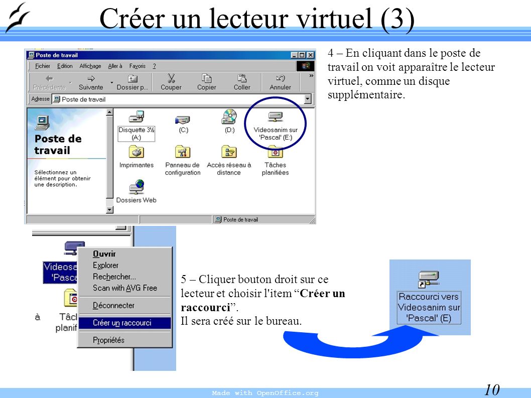 Made with OpenOffice.org 10 Créer un lecteur virtuel (3) 4 – En cliquant dans le poste de travail on voit apparaître le lecteur virtuel, comme un disque supplémentaire.