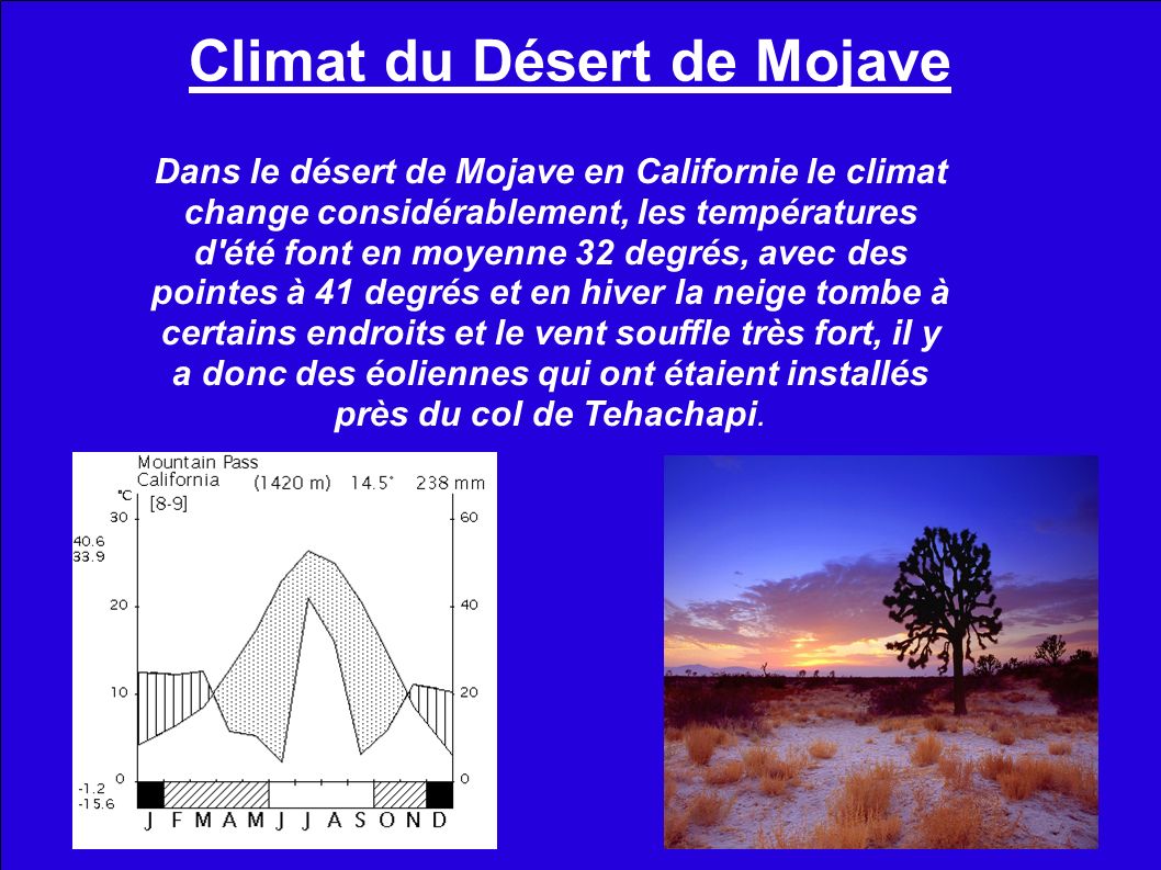 Climat du Désert de Mojave Dans le désert de Mojave en Californie le climat change considérablement, les températures d été font en moyenne 32 degrés, avec des pointes à 41 degrés et en hiver la neige tombe à certains endroits et le vent souffle très fort, il y a donc des éoliennes qui ont étaient installés près du col de Tehachapi.