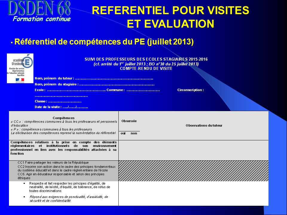Formation continue REFERENTIEL POUR VISITES ET EVALUATION Référentiel de compétences du PE (juillet 2013)
