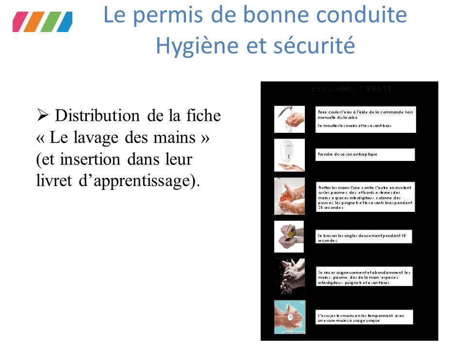 Le permis de bonne conduite Hygiène et sécurité  Distribution de la fiche « Le lavage des mains » (et insertion dans leur livret d’apprentissage).