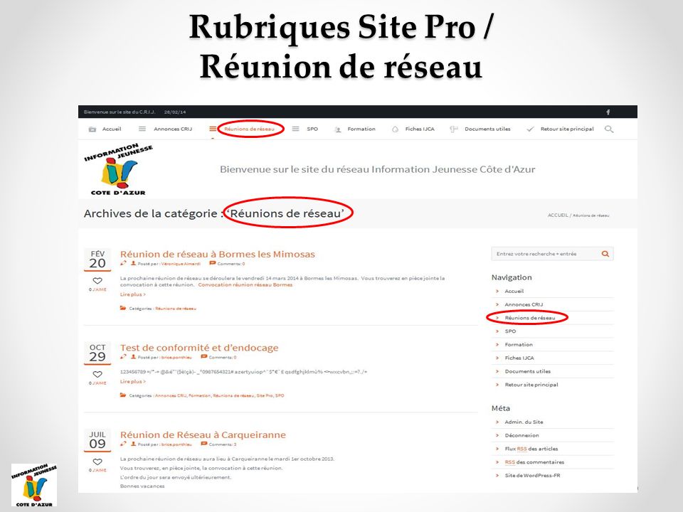 Rubriques Site Pro / Réunion de réseau