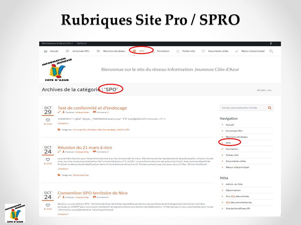 Rubriques Site Pro / SPRO
