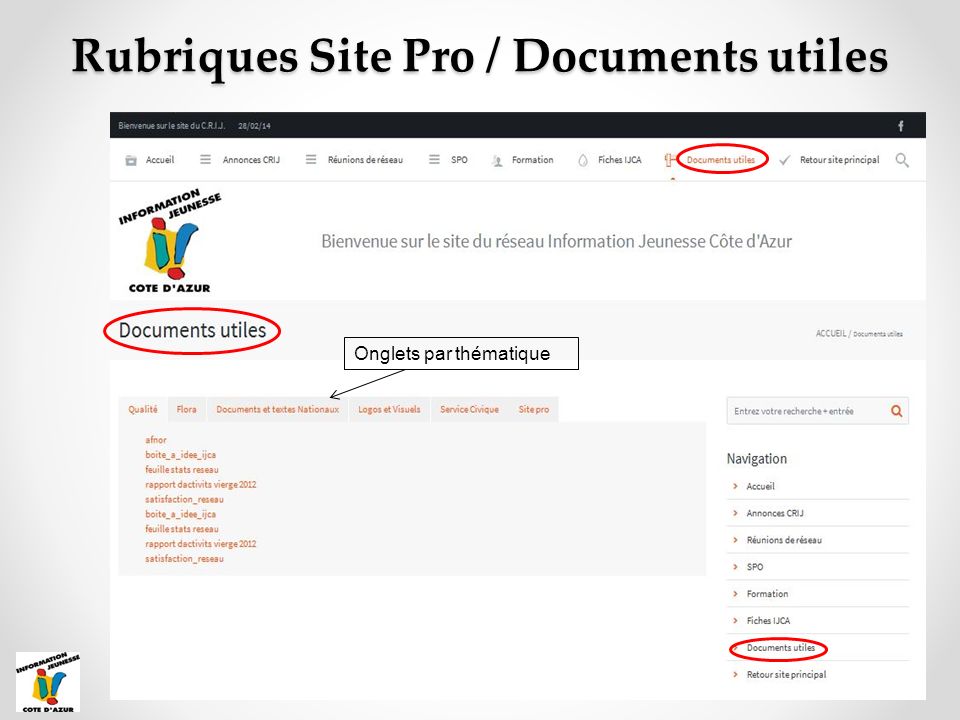 Rubriques Site Pro / Documents utiles Onglets par thématique